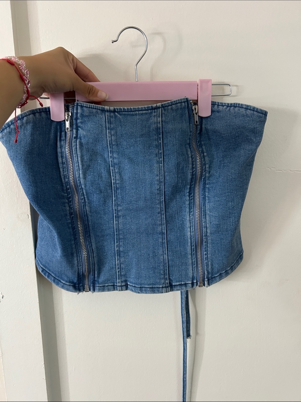 Forever 21 Blue Denim Zip-Front Corset Crop Top